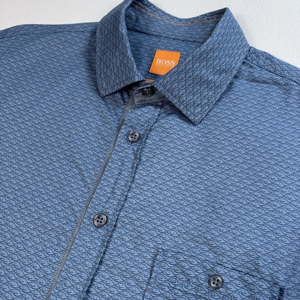 Hugo Boss Orange Shirt Men's M Blue Whale Geometric Slim Fit Cotton Button Up